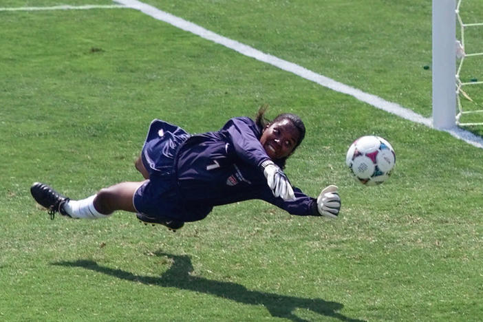 Briana Scurry blocks a penalty shootout during overtime of the Women's World Cup Final against China at the Rose Bowl in Pasadena, Calif., July 10, 1999. The U.S. team won 5-4 on penalties.
