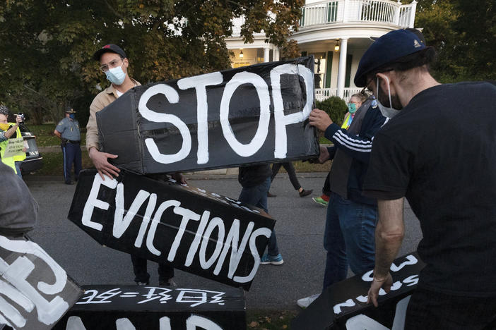 Housing activists in Swampscott, Mass., on Oct. 14, 2020. A congressional report finds that four corporate landlords acted aggressively to push out tenants during the first year of the pandemic, despite a federal eviction moratorium and billions in emergency rental aid.