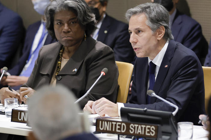 Secretary of State Antony Blinken sits with Linda Thomas-Greenfield, United States ambassador to the United Nations, as they meet with African ministers at UN headquarters, May 18, 2022.