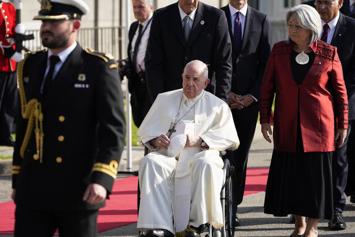 Pope Francis accompanied by Governor-General Mary Simon, right, arrives at the Citadelle de Quebec on Wednesday in Quebec City, Quebec City, Quebec.