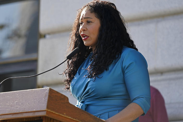 San Francisco Mayor London Breed speaks during a briefing outside City Hall on Dec. 1, 2021. Breed announced a legal state of emergency Thursday, July 28, 2022, over the growing number of monkeypox cases.
