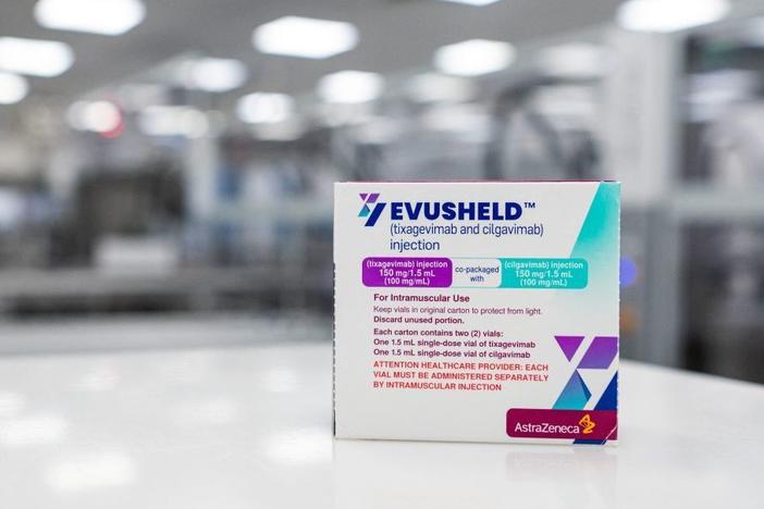 A box of Evusheld, an antibody therapy developed by pharmaceutical company AstraZeneca for the prevention of COVID-19 in immunocompromised patients, is seen in February at the AstraZeneca facility for biological medicines in Sweden