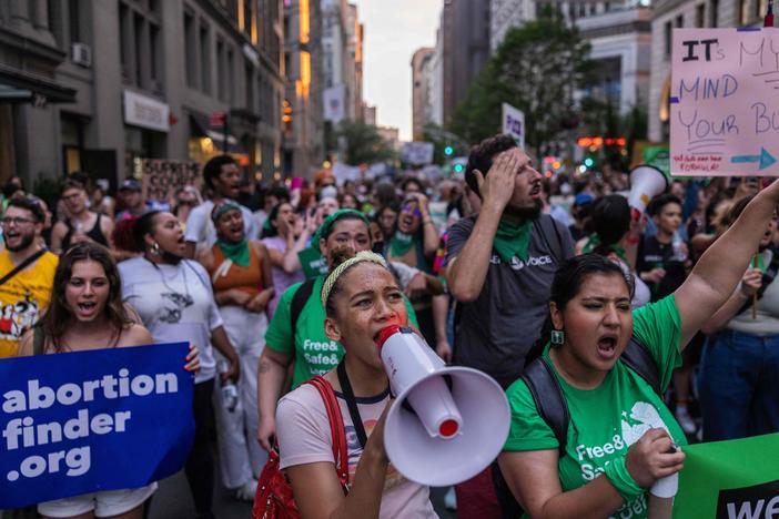 Abortion rights activists march from Washington Square Park to Bryant Park in protest of the overturning of Roe v. Wade by the U.S. Supreme Court. The march was in New York on June 24, 2022.