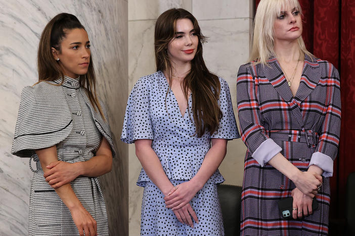 Former U.S. Olympic gymnasts Aly Raisman and McKayla Maroney and three-time national champion Jessica Howard participate in a news conference in the Russell Senate Office Building following a Senate Judiciary Committee hearing on September 15, 2021 in Washington, DC.