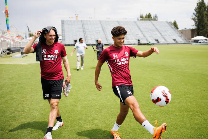 Sacramento Republic FC midfielders Matt LaGrassa and Rafael Jauregui walk to their locker room after practice in Sacramento, Calif. on July 26, 2022.