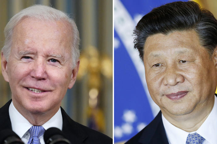 FILE - This combination image shows U.S. President Joe Biden in Washington, Nov. 6, 2021, and China's President Xi Jinping in Brasília, Brazil, Nov. 13, 2019.