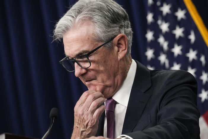 Federal Reserve Board Chairman Jerome Powell speaks during a news conference following a meeting of the Federal Open Market Committee at the headquarters of the Federal Reserve on Wednesday after he announced the Fed was raising interest rates by three-quarters of a percentage point.