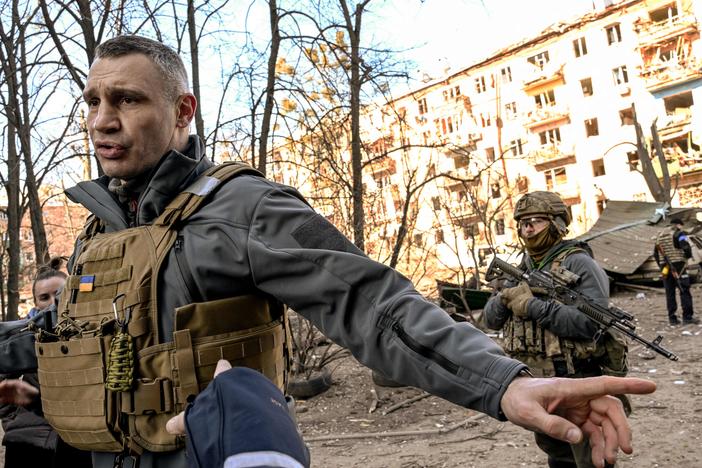 Kyiv Mayor Vitali Klitschko speaks in March in front of an apartment building that was shelled by Russian forces. Klitschko, a former world heavyweight boxing champion, has been mayor of Kyiv since 2014.