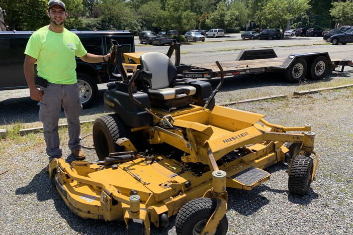 Austin Acocella, co-owner of Acocella Landscaping in Westchester County, N.Y., is holding onto his gas-powered mowers. He says electric ride-ons are too expensive for him to switch right now.