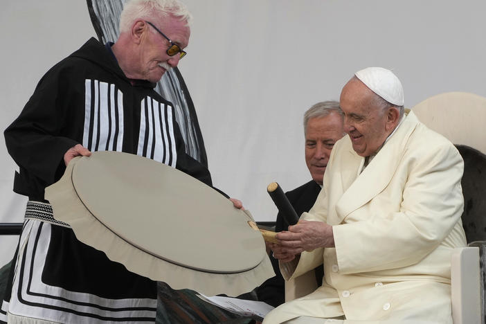 Pope Francis meets young people and elders at Nakasuk Elementary School Square in Iqaluit, Canada, on Friday.