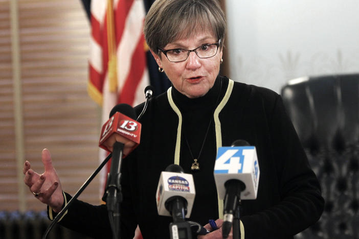 Kansas Gov. Laura Kelly speaks during a news conference, Thursday, Jan. 6, 2022, at the Statehouse in Topeka, Kan.