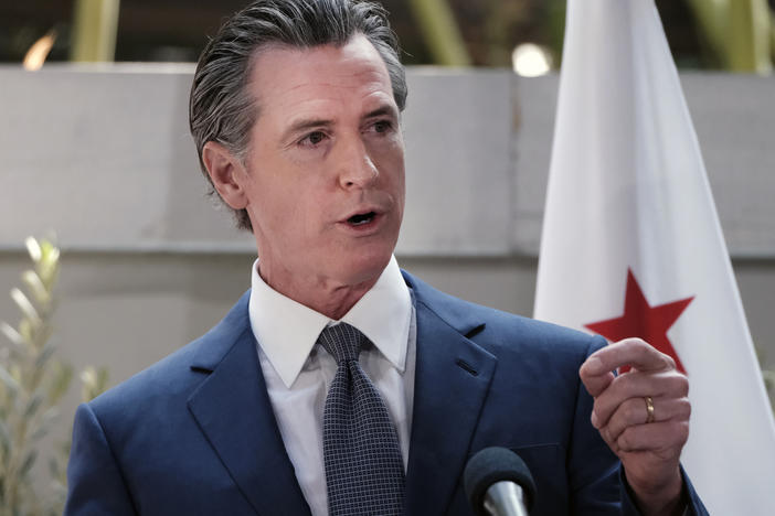 California Gov. Gavin Newsom answers questions at a news conference in Los Angeles, on June 9, 2022. Newsom declared a state of emergency over monkeypox, becoming the second state in three days to take the step.