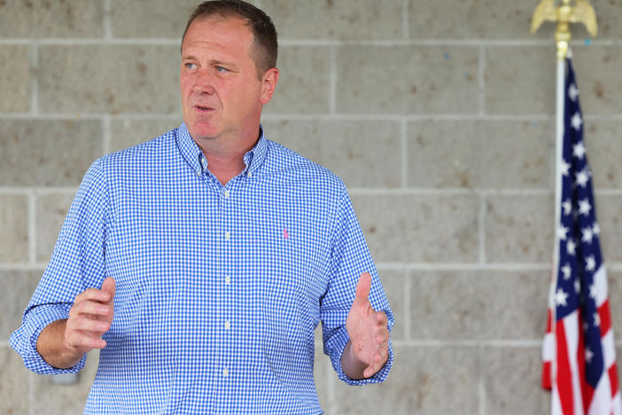 Missouri Attorney General and Republican Senate candidate Eric Schmitt speaks to supporters on July 31 in Farmington, Mo.