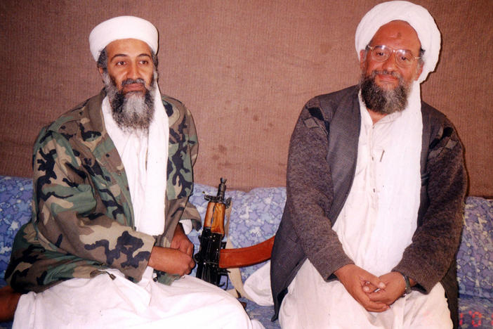 Osama bin Laden (left) sits with his No. 2, Ayman al-Zawahiri, for an interview that was published in November 2001, shortly after the 9/11 attacks. The U.S. says it killed al-Zawahiri in a drone strike in Kabul on Sunday.