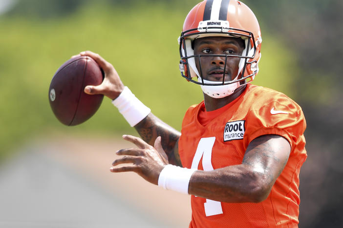 Cleveland Browns quarterback Deshaun Watson throws a pass during the team's training camp on Monday in Berea, Ohio.