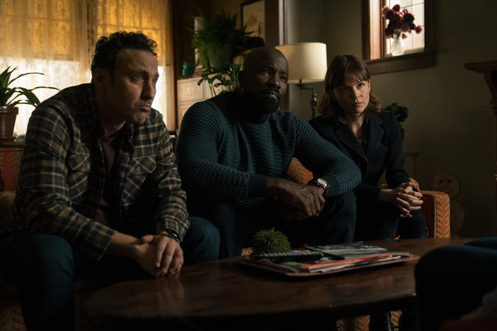 Aasif Mandvi as Ben Shakir, Mike Colter as David Acosta, and Katja Herbers as Kristen Bouchard in <em>Evil</em>