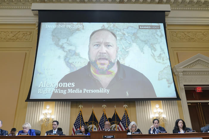 A video showing Alex Jones is shown as the House select committee investigating the Jan. 6, 2021, attack on the U.S. Capitol holds a hearing on July 12.