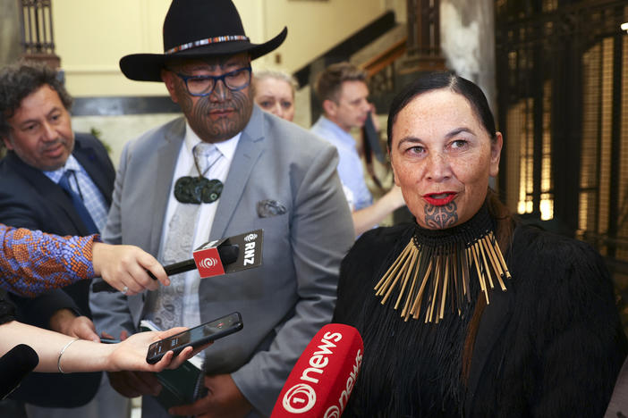 Maori Party co-leaders Rawiri Waititi and Debbie Ngarewa-Packer speak to media during the opening of New Zealand's 53rd Parliament.