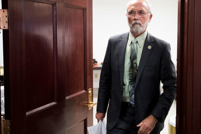 Rep. Dan Newhouse, R-Wash., leaves the House Republican Conference meeting in the Capitol on Tuesday, May 8, 2018.