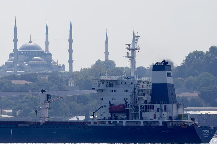 The cargo ship Razoni crosses the Bosporus Strait in Istanbul, Turkey, on Aug. 3. The first cargo ship to leave Ukraine since the Russian invasion was anchored at an inspection area in the Black Sea off the coast of Istanbul Wednesday morning before moving on to Lebanon.