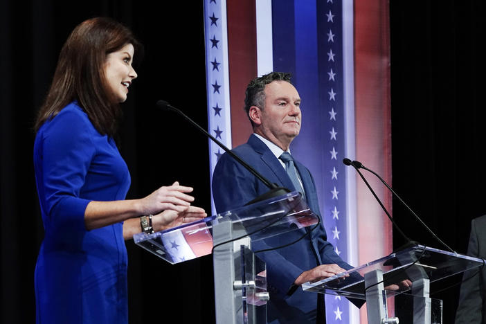 From left, Rebecca Kleefisch, Tim Michels and Timothy Ramthun (not pictured) participate in a televised debate for the GOP nomination for Wisconsin governor on July 24 in Milwaukee.