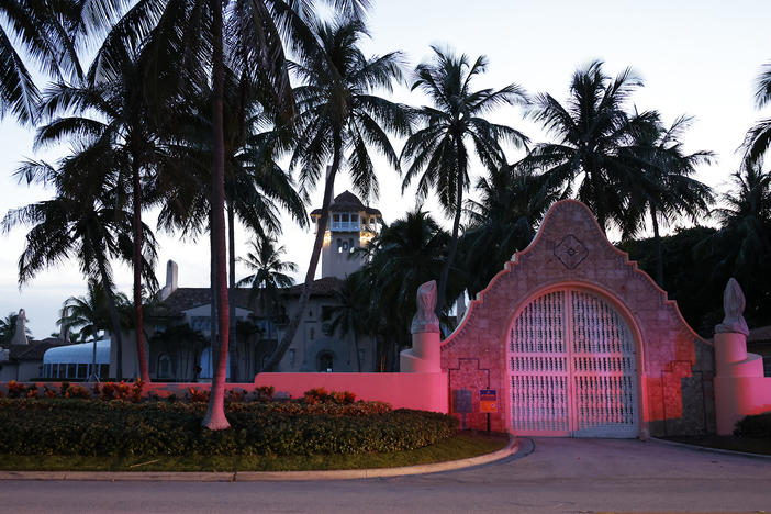 The entrance to former President Donald Trump's Mar-a-Lago estate is shown, Monday, Aug. 8, 2022, in Palm Beach, Fla. Trump said in a lengthy statement that the FBI was conducting a search of his Mar-a-Lago estate and asserted that agents had broken open a safe.