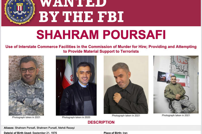 This image released by the FBI, Aug. 10, 2022 in Washington, shows the wanted poster for Shahram Poursafi. The Justice Department says Poursafi, identified by U.S. officials as a member of Iran's Revolutionary Guard, has been charged in a plot to murder former Trump administration national security adviser John Bolton.