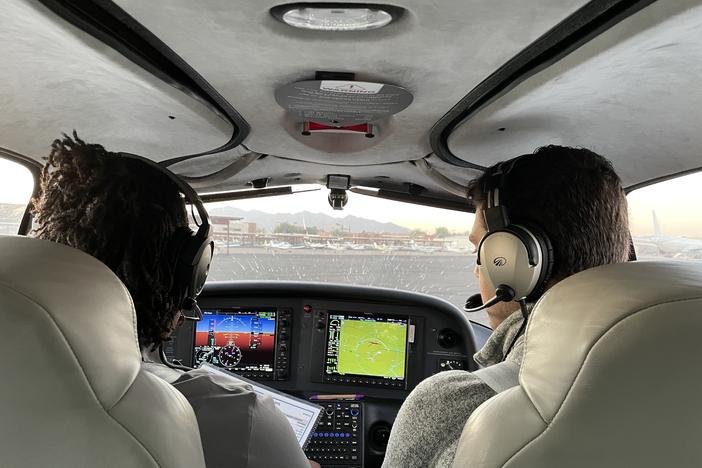 A student pilot and flight instructor prepare to take off on a training flight outside of Phoenix.