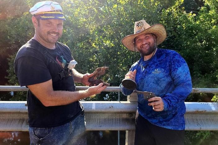 Brothers Jake and Adam Cowart show off a magnet fishing haul. They are among many who picked up the hobby during the pandemic.