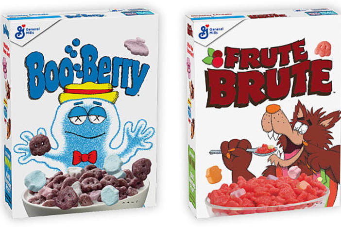 New York pop artist KAWS has designed boxes for the General Mills Monster Cereals Count Chocula, Franken Berry, Boo Berry and Frute Brute.