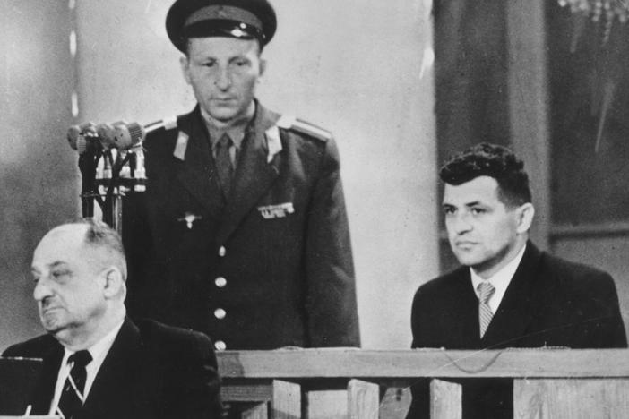 American pilot Francis Gary Powers (far right) during his 1960 trial in Moscow. Powers was shot down while flying a U-2 spy plane over the Soviet Union. He was jailed for nearly two years before he was freed in a swap for a Soviet spy imprisoned in the U.S.