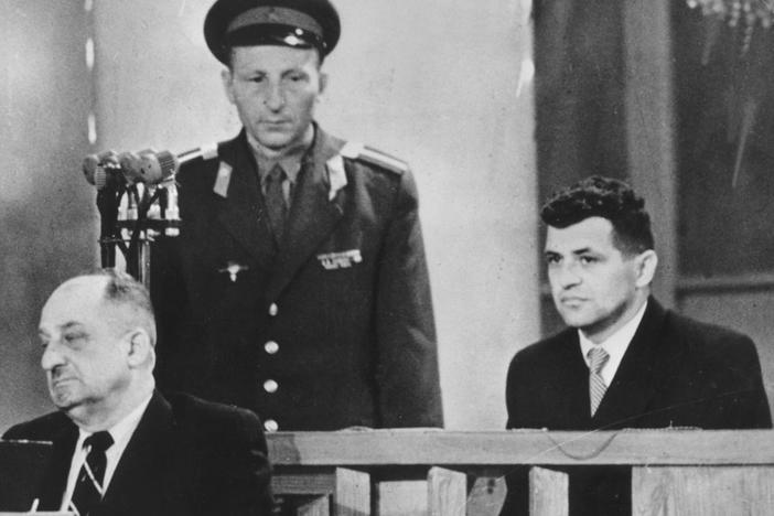 American pilot Francis Gary Powers (far right) during his 1960 trial in Moscow. Powers was shot down while flying a U-2 spy plane over the Soviet Union. He was jailed for nearly two years before he was freed in a swap for a Soviet spy imprisoned in the U.S.