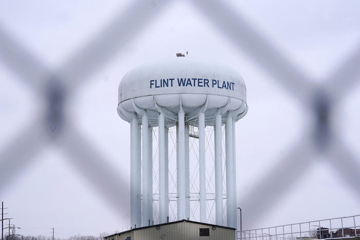 The Flint water plant tower is seen on Jan. 6, 2022, in Flint, Mich. A judge declared a mistrial Thursday after jurors said they couldn't reach a verdict in a dispute over whether two engineering firms should bear some responsibility for Flint's lead-contaminated water.