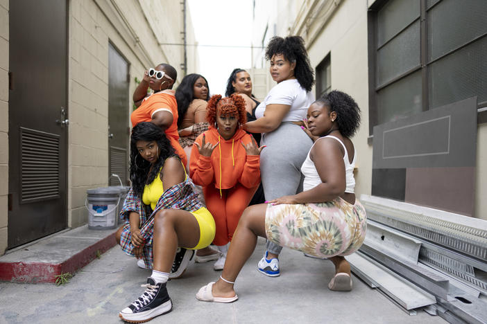 L-R Sydney Bell, Charity Holloway, Arianna Davis, Ashley Williams, Jayla Sullivan, Asia Banks, and Kiara Mooring: some of the hopeful women competing to join Lizzo's Big Grrrls