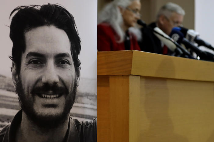 American journalist Austin Tice (portrait at left) was abducted in Syria in 2012. Here, his parents, Debra and Marc Tice, give a news conference in Beirut in 2018.