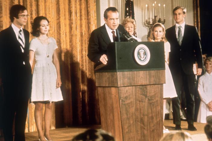 President Richard Nixon speaks at the White House on Aug. 9, 1974. He was preparing to leave the day after resigning because of the Watergate scandal. Nixon wanted to take his presidential documents with him, including his infamous tape recordings. But he was barred from doing so, and Congress passed a law that now requires all presidents to hand over their documents to the National Archives.