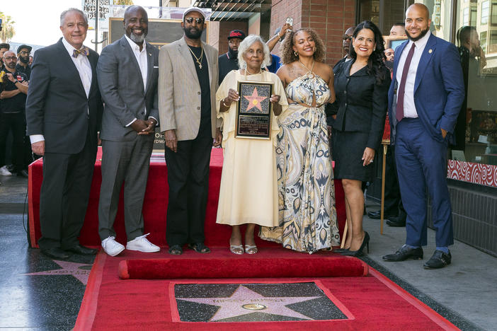 A star for late rapper Nipsey Hussle was unveiled on the Hollywood Walk of Fame in Los Angeles on Aug. 15. The ceremony included speeches and remarks from members of the late rapper's family, including his sister, Samantha Smith (third from right), and his grandmother Margaret Boutte (fourth from right), who accepted the star on behalf of the family.