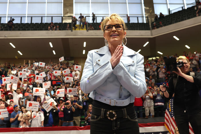U.S. House candidate former Alaska Gov. Sarah Palin greets the crowd during a rally held by former President Donald Trump on July 9 in Anchorage.