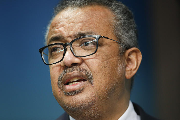 Tedros Adhanom Ghebreyesushe, the head of the World Health Organization, speaks during a media conference at an EU Africa summit in Brussels on Feb. 18, 2022.