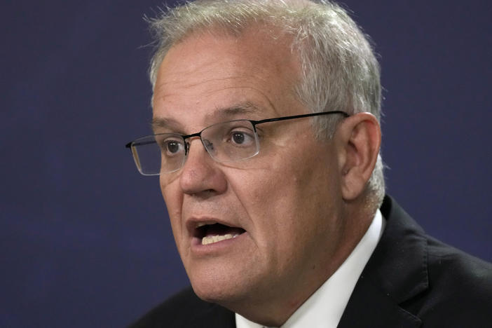 Australian Prime Minister Scott Morrison talks about the situation in Ukraine at a press conference in Sydney, Feb. 23, 2022.