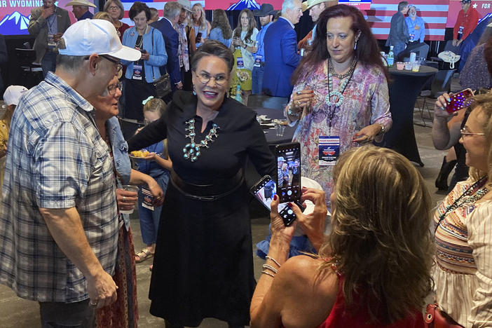 Republican House candidate Harriet Hageman speaks to supporters on Tuesday in Cheyenne, Wyo., after defeating Rep. Liz Cheney in the Republican primary.