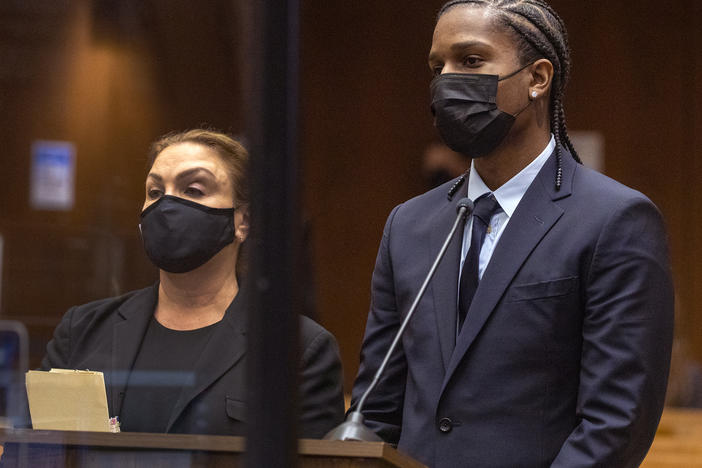 Rapper A$AP Rocky (right) appears in a Los Angeles courtroom on Wednesday. He pleaded not guilty to two counts of assault with a semiautomatic firearm related to a shooting in Hollywood last November.