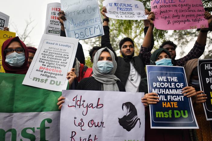 Members of the All India Muslim Students Federation protest at Delhi University against the hijab ban in educational institutions, on Feb. 8 in New Delhi, India.