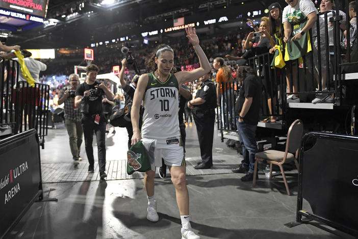 Sue Bird of the Seattle Storm walks off the court after the game against the Las Vegas Aces on Sunday at Michelob ULTRA Arena in Las Vegas.