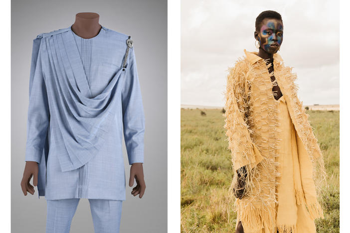 From left: a blue dashiki, from the Intsinzi Collection from Rwandan design studio Moshions, an outfit from the Chasing Evil= collection by womenswear brand IAMISIGO led by Bubu Ogisi out of Kenya, were a part of the 'Africa Fashion' exhibit at the Victoria and Albert Museum in London, UK.