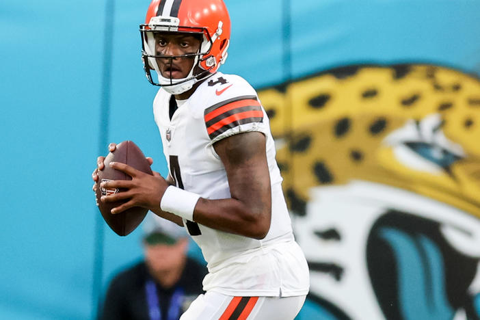 Deshaun Watson, #4 of the Cleveland Brown, looks to throw against the Jacksonville Jaguars during a football game at TIAA Bank Field on August 12, 2022 in Jacksonville, Florida.