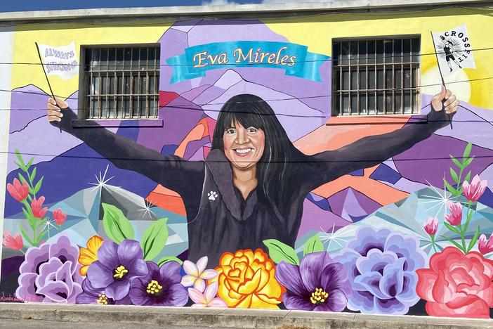 A mural honoring Eva Mireles, a teacher who was killed in the shootings at Robb Elementary school.