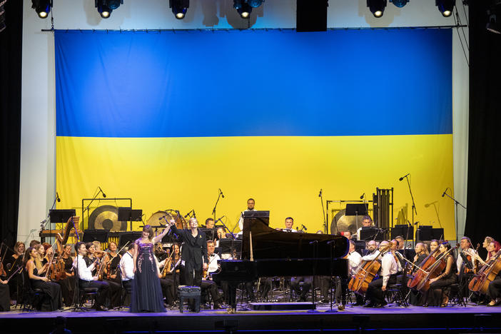 The Ukrainian Freedom Orchestra performs at Damrosch Park, Lincoln Center in New York City on Thursday.