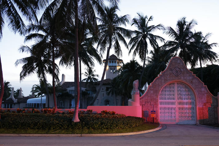 The entrance to former President Donald Trump's Mar-a-Lago Palm Beach, Fla. estate is shown on Aug. 8, 2022, the day of the FBI's search there.