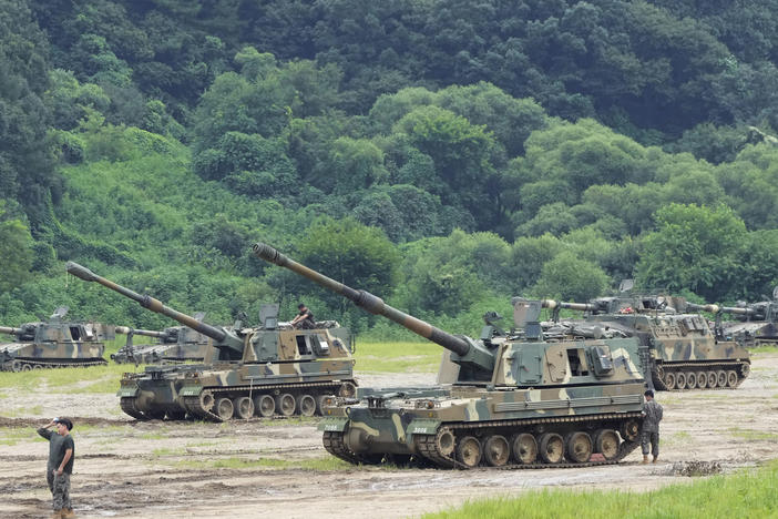 South Korean army K-9 self-propelled howitzers take positions in Paju, near the border with North Korea, South Korea, Monday, Aug. 22, 2022.